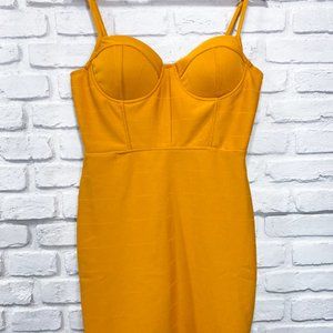 Mustard Yellow Bodycon Mini Dress: Haute Monde (Large)